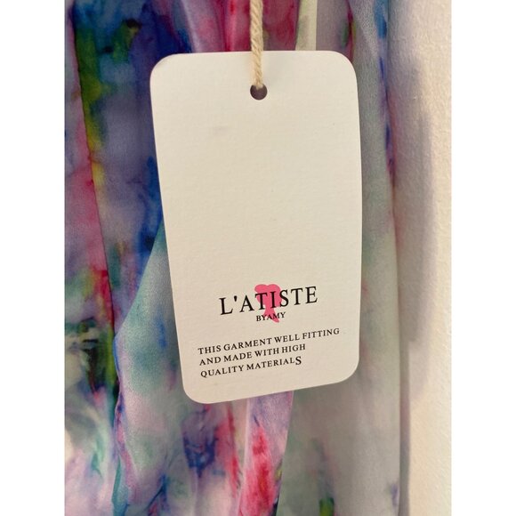 LAtiste By Amy Watercolor Maxi Dress With Strappy Back Design & Side Slit Size S - Picture 5 of 9